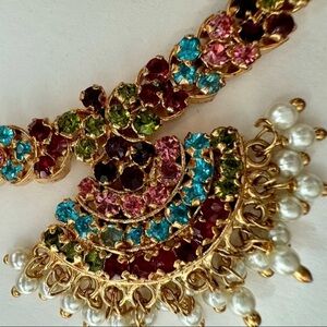 Vintage Colorful gemstone & Pearl Statement Necklace & Earrings Set. Handmade!